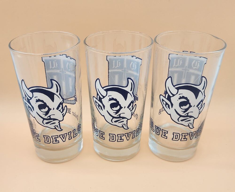 Set of 3 Vintage Duke Blue Devils Highball Cocktail Juice Glasses Barware 1970s